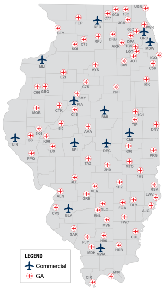 Illinois Aviation Map showing area airports.